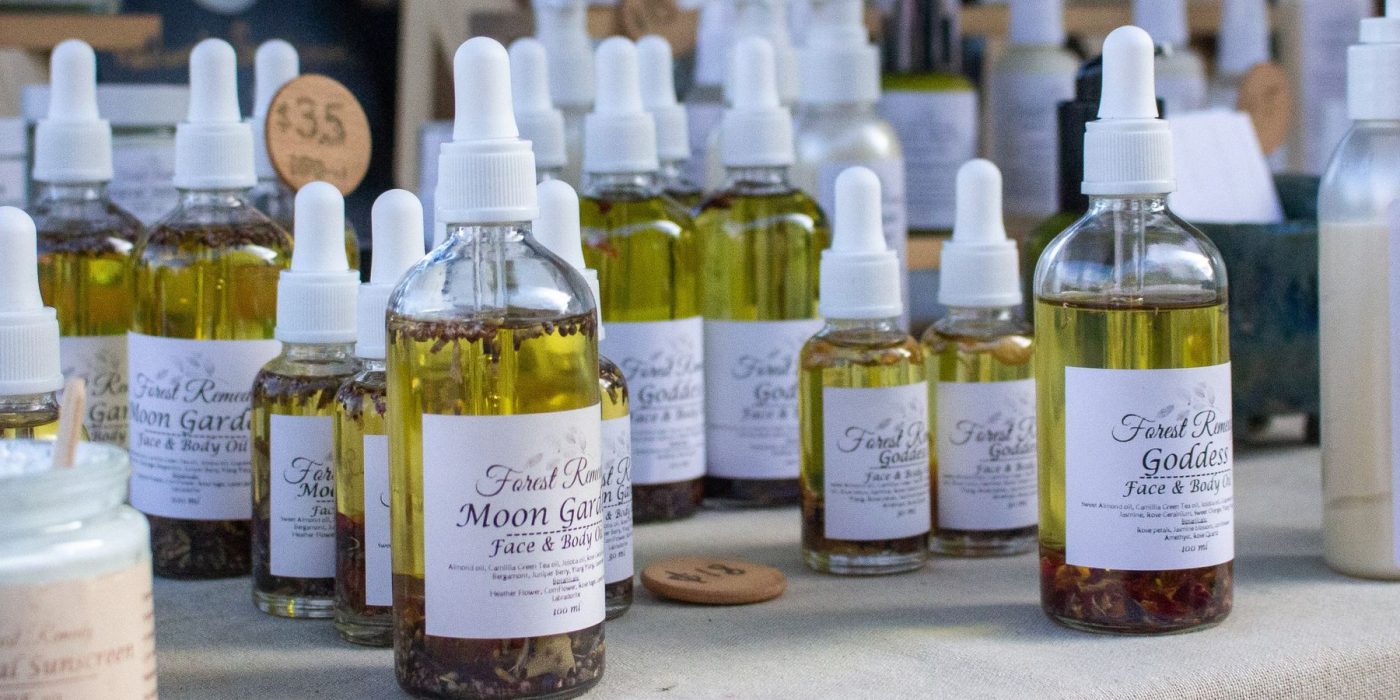 Forest Remedy face and body oils on the market stall