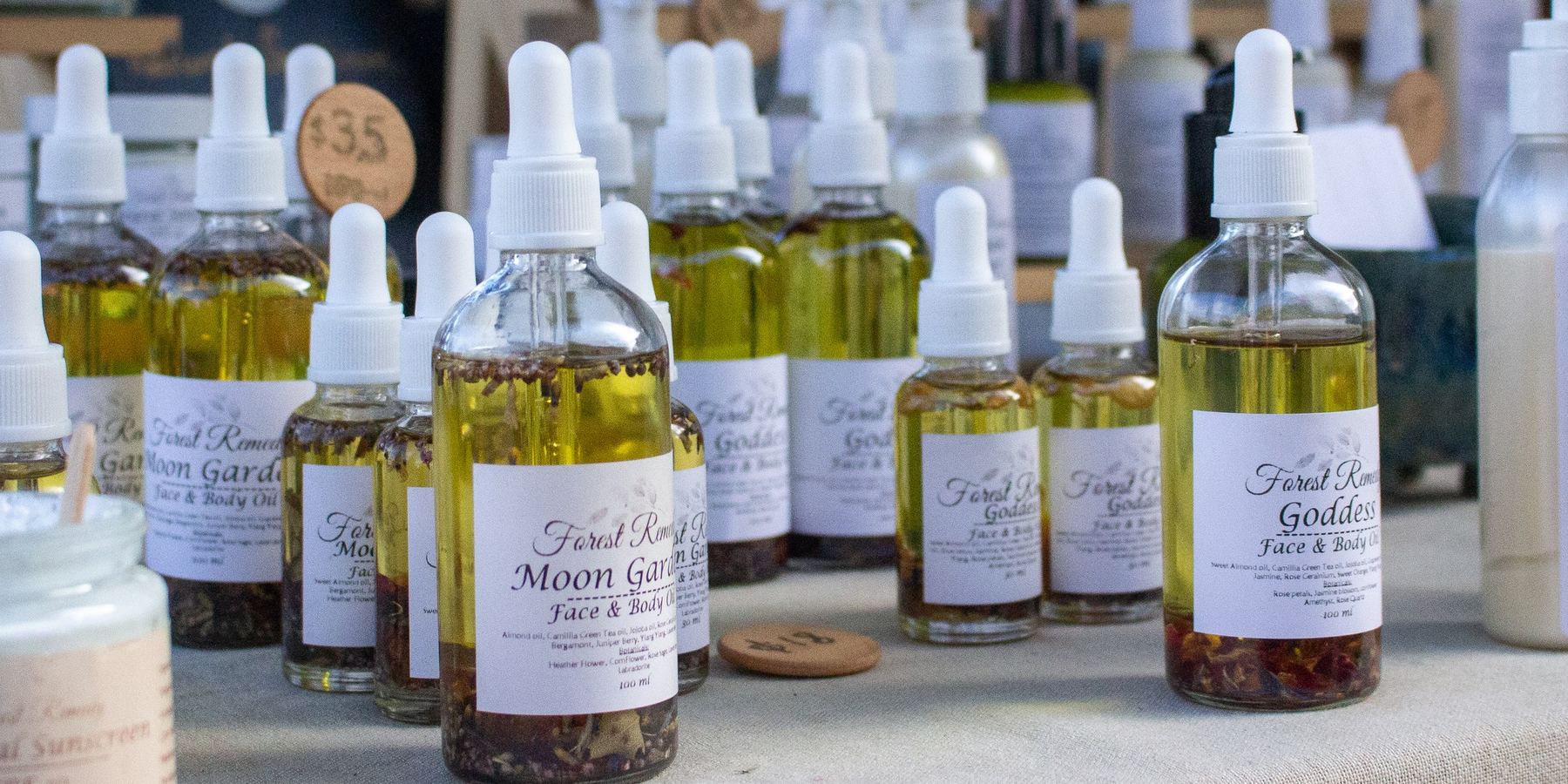 Forest Remedy face and body oils on the market stall
